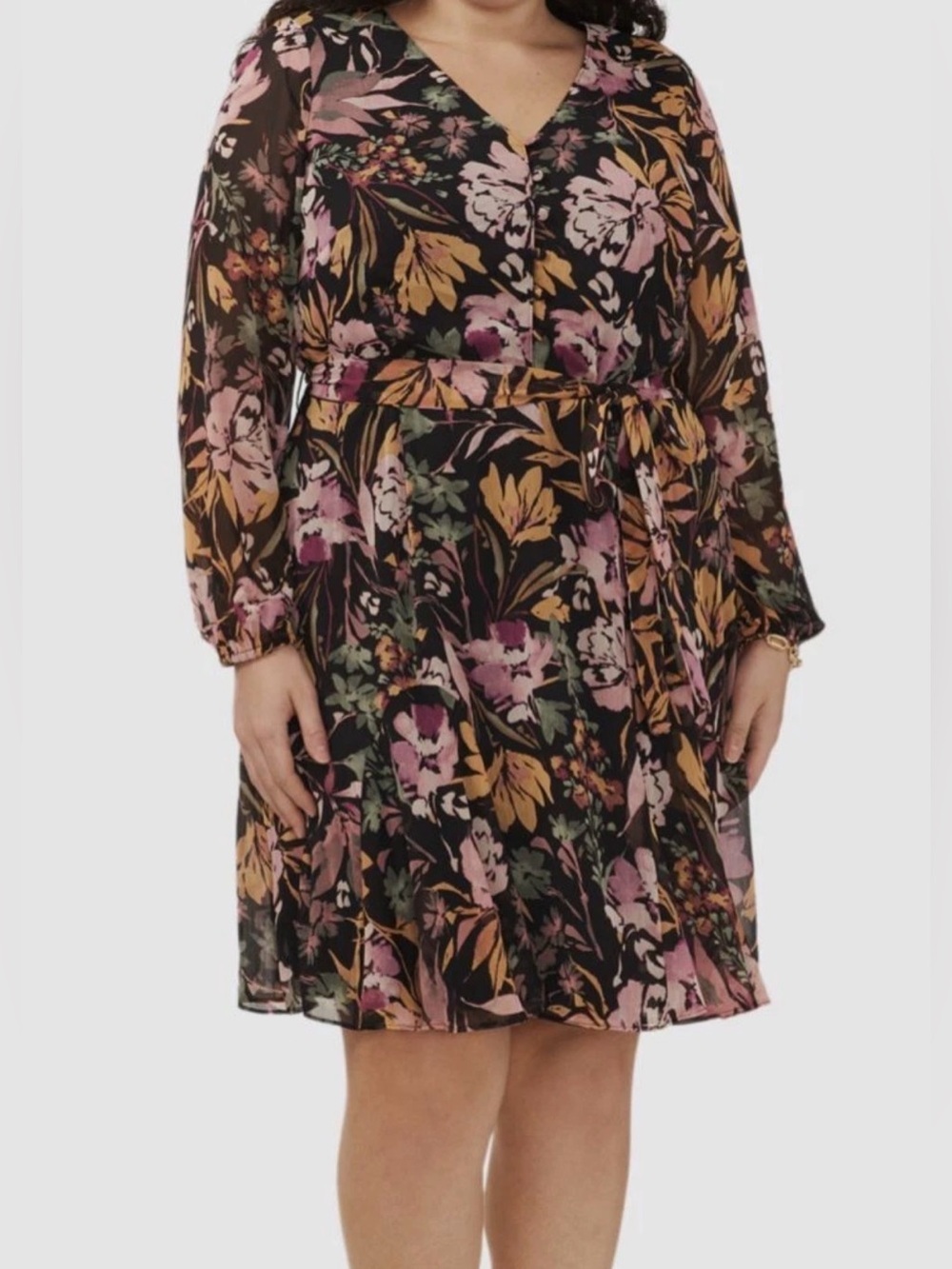 Msk Black Floral Button-Front V-Neck Long Sleeve Fit & Flare Chiffon Dress 2X